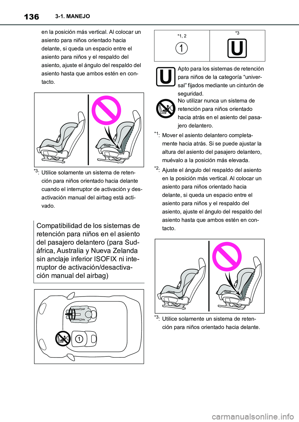 TOYOTA SUPRA 2023  Manual del propietario (in Spanish) 1363-1. MANEJO
en la posición más vertical. Al colocar un 
asiento para niños orientado hacia 
delante, si queda un espacio entre el 
asiento para niños y el respaldo del 
asiento, ajuste el ángu