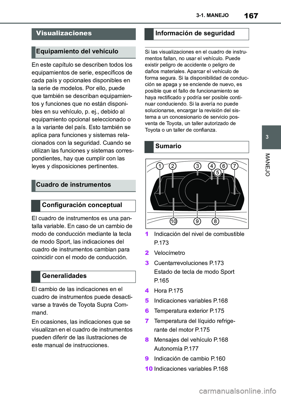 TOYOTA SUPRA 2023  Manual del propietario (in Spanish) 167
3 3-1. MANEJO
MANEJO
En este capítulo se describen todos los 
equipamientos de serie, específicos de 
cada país y opcionales disponibles en 
la serie de modelos. Por ello, puede 
que también s