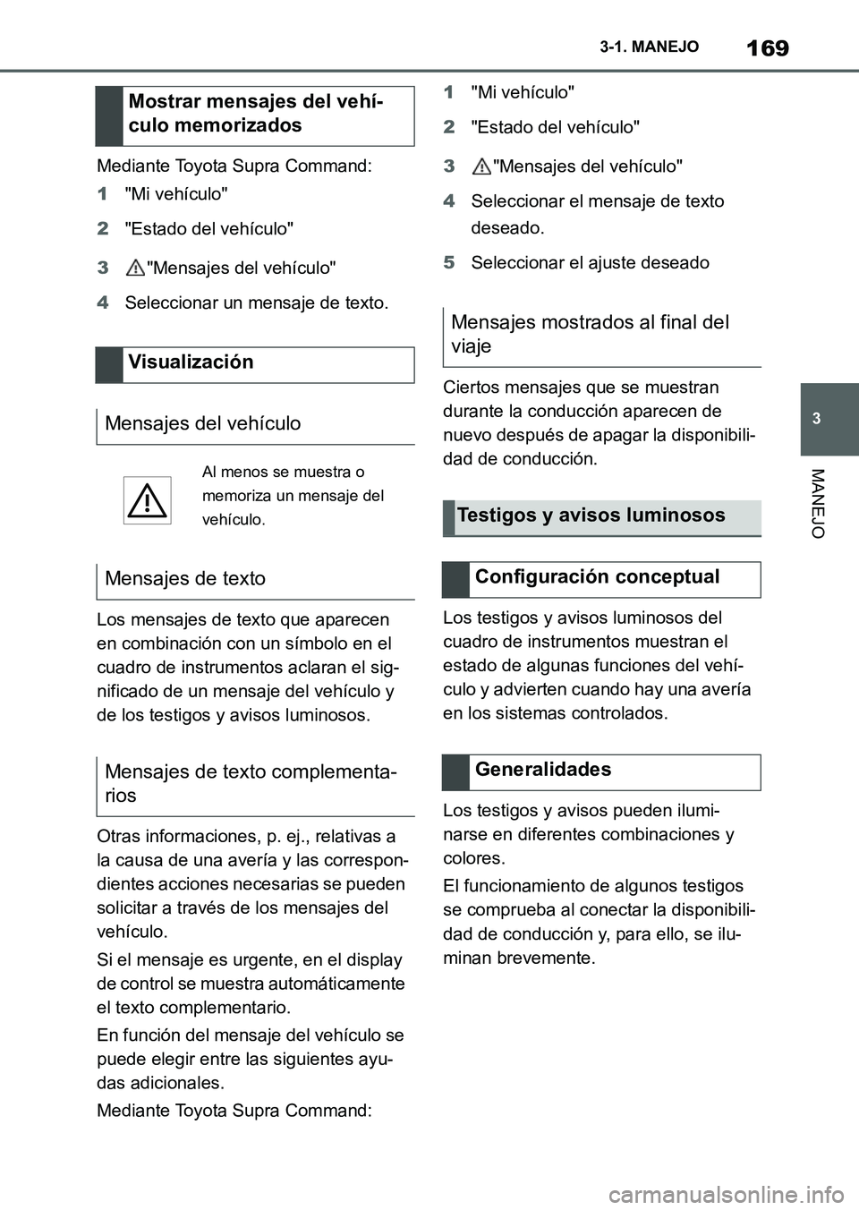 TOYOTA SUPRA 2023  Manual del propietario (in Spanish) 169
3 3-1. MANEJO
MANEJO
Mediante Toyota Supra Command:
1"Mi vehículo"
2"Estado del vehículo"
3"Mensajes del vehículo"
4Seleccionar un mensaje de texto.
Los mensajes de texto que aparecen 
en combi