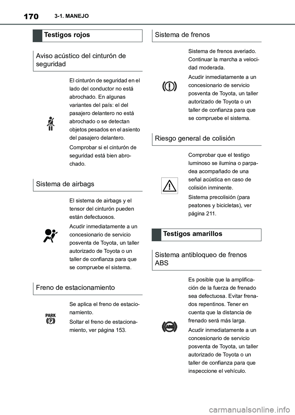 TOYOTA SUPRA 2023  Manual del propietario (in Spanish) 1703-1. MANEJO
Testigos rojos
Aviso acústico del cinturón de 
seguridad
El cinturón de seguridad en el 
lado del conductor no está 
abrochado. En algunas 
variantes del país: el del 
pasajero del