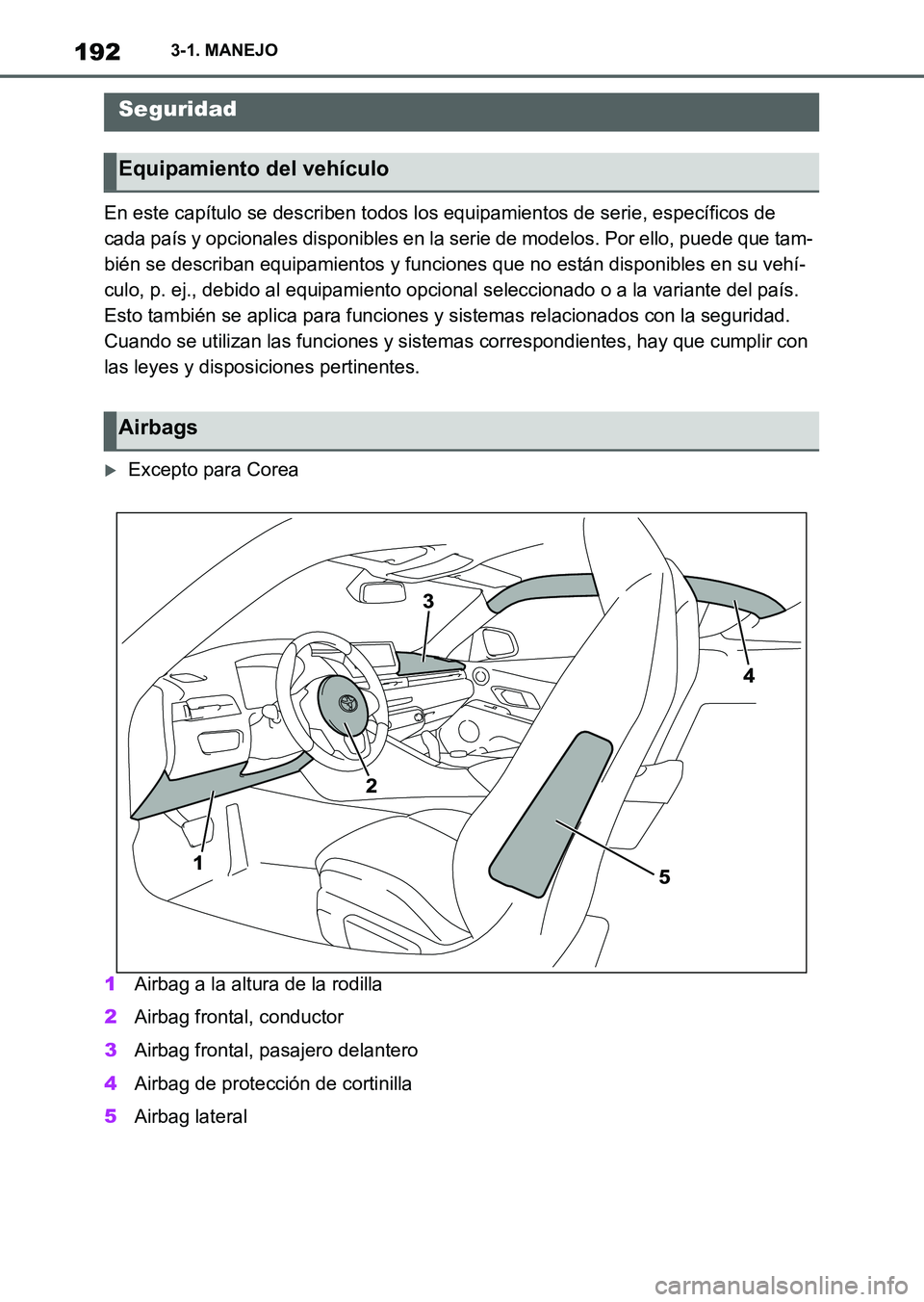 TOYOTA SUPRA 2023  Manual del propietario (in Spanish) 1923-1. MANEJO
En este capítulo se describen todos los equipamientos de serie, específicos de 
cada país y opcionales disponibles en la serie de modelos. Por ello, puede que tam-
bién se describan