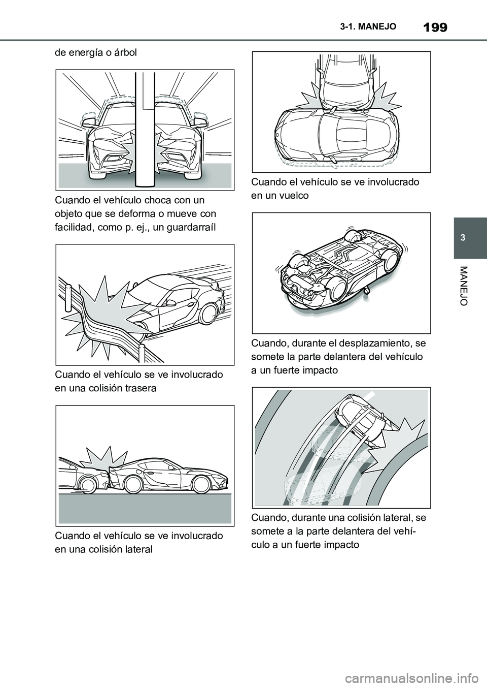 TOYOTA SUPRA 2023  Manual del propietario (in Spanish) 199
3 3-1. MANEJO
MANEJO
de energía o árbol
Cuando el vehículo choca con un 
objeto que se deforma o mueve con 
facilidad, como p. ej., un guardarraíl
Cuando el vehículo se ve involucrado 
en una