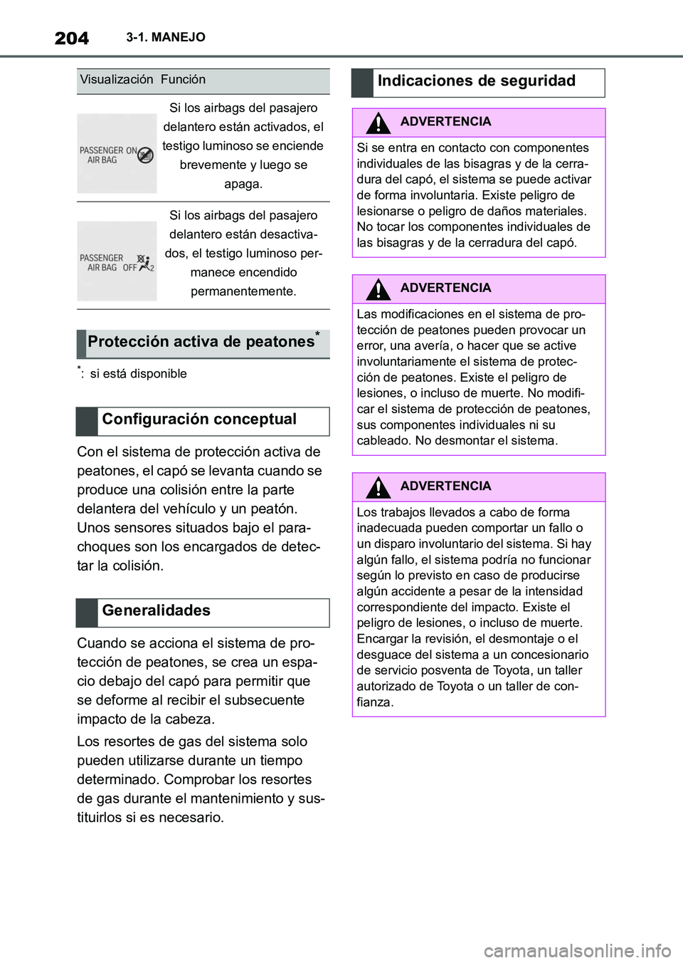 TOYOTA SUPRA 2023  Manual del propietario (in Spanish) 2043-1. MANEJO
*: si está disponible
Con el sistema de protección activa de 
peatones, el capó se levanta cuando se 
produce una colisión entre la parte 
delantera del vehículo y un peatón. 
Uno