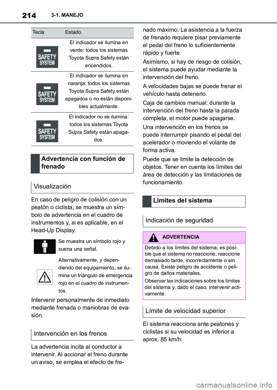 TOYOTA SUPRA 2023  Manual del propietario (in Spanish) 2143-1. MANEJO
En caso de peligro de colisión con un 
peatón o ciclista, se muestra un sím-
bolo de advertencia en el cuadro de 
instrumentos y, si es aplicable, en el 
Head-Up Display.
Intervenir 