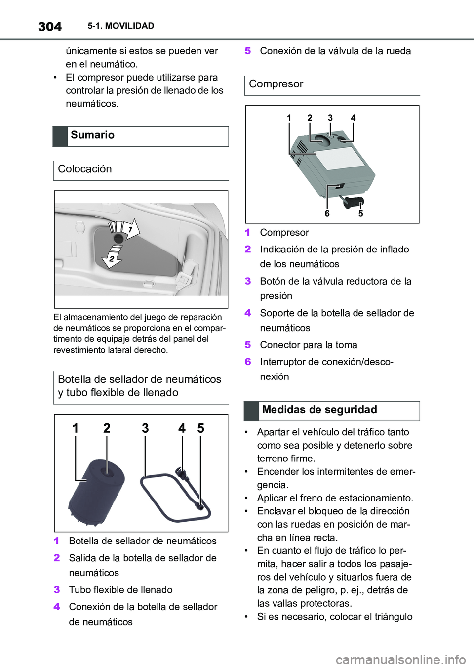 TOYOTA SUPRA 2023  Manual del propietario (in Spanish) 3045-1. MOVILIDAD
únicamente si estos se pueden ver 
en el neumático.
• El compresor puede utilizarse para 
controlar la presión de llenado de los 
neumáticos.
El almacenamiento del juego de rep