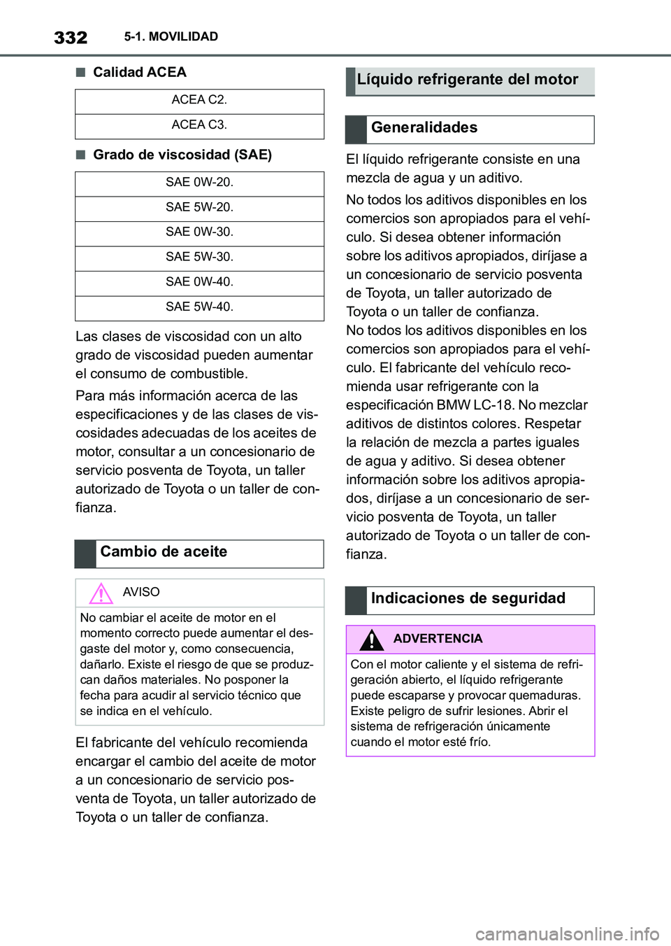 TOYOTA SUPRA 2023  Manual del propietario (in Spanish) 3325-1. MOVILIDAD
■Calidad ACEA
■Grado de viscosidad (SAE)
Las clases de viscosidad con un alto 
grado de viscosidad pueden aumentar 
el consumo de combustible.
Para más información acerca de la