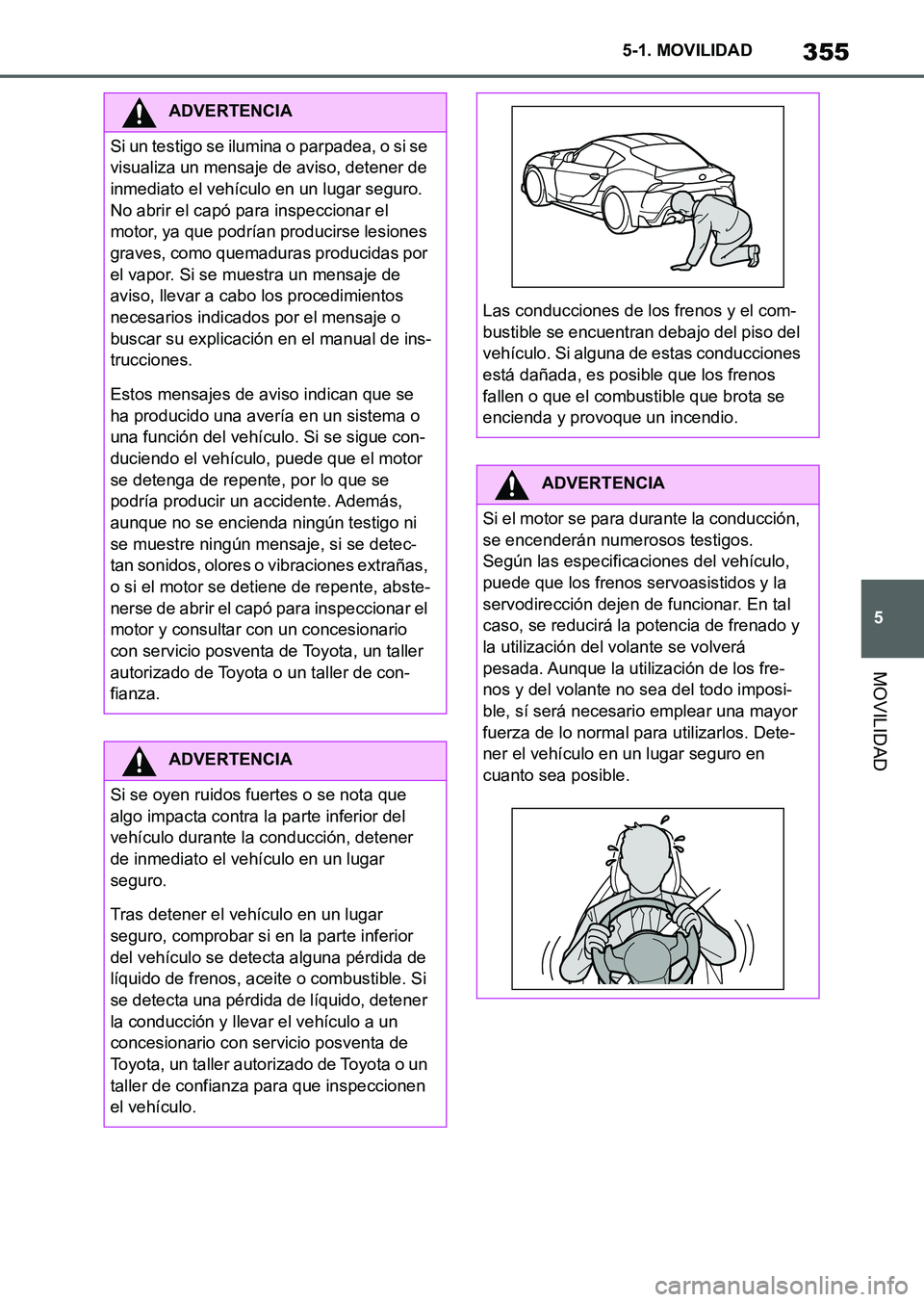 TOYOTA SUPRA 2023  Manual del propietario (in Spanish) 355
5 5-1. MOVILIDAD
MOVILIDAD
ADVERTENCIA
Si un testigo se ilumina o parpadea, o si se 
visualiza un mensaje de aviso, detener de 
inmediato el vehículo en un lugar seguro. 
No abrir el capó para i