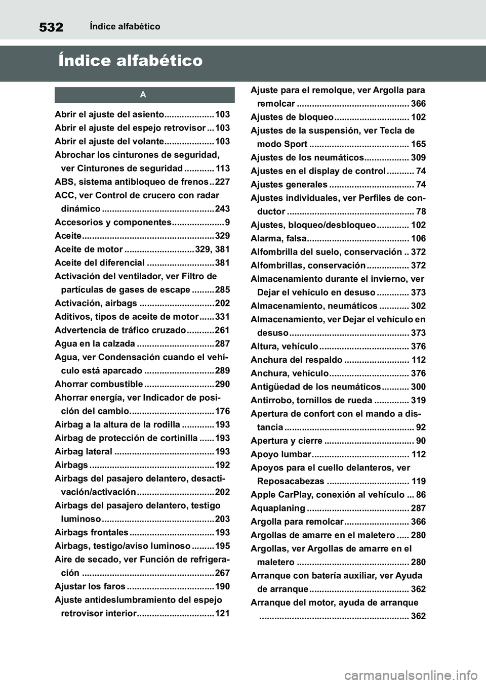 TOYOTA SUPRA 2023  Manual del propietario (in Spanish) 532Índice alfabético
Índice alfabético
A
Abrir el ajuste del asiento.................... 103
Abrir el ajuste del espejo retrovisor ... 103
Abrir el ajuste del volante.................... 103
Abroc