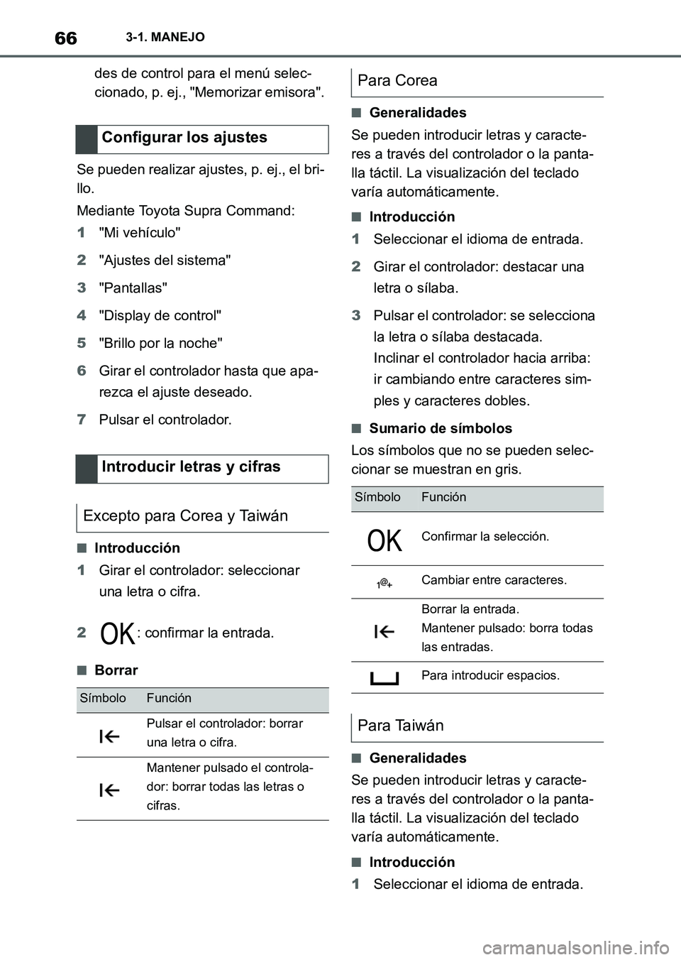 TOYOTA SUPRA 2023  Manual del propietario (in Spanish) 663-1. MANEJO
des de control para el menú selec-
cionado, p. ej., "Memorizar emisora".
Se pueden realizar ajustes, p. ej., el bri-
llo.
Mediante Toyota Supra Command:
1"Mi vehículo"
2"Ajustes del si