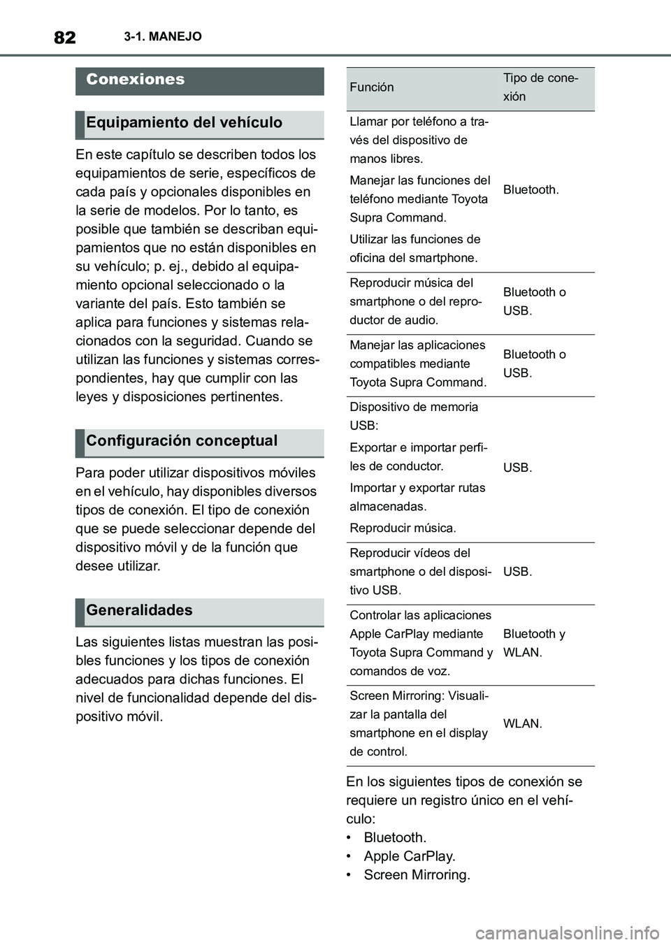 TOYOTA SUPRA 2023  Manual del propietario (in Spanish) 823-1. MANEJO
En este capítulo se describen todos los 
equipamientos de serie, específicos de 
cada país y opcionales disponibles en 
la serie de modelos. Por lo tanto, es 
posible que también se 