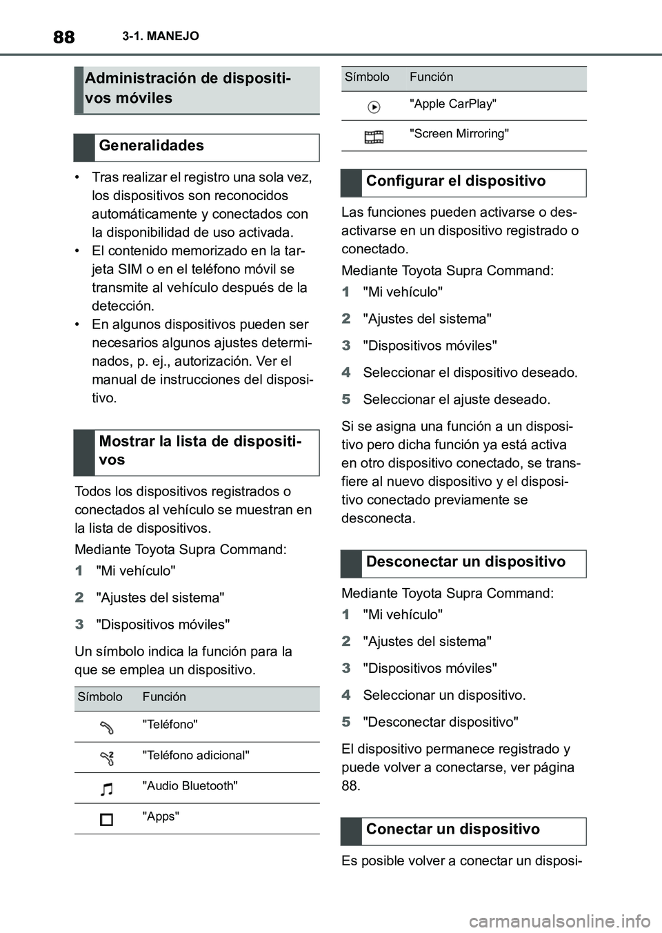 TOYOTA SUPRA 2023  Manual del propietario (in Spanish) 883-1. MANEJO
• Tras realizar el registro una sola vez, 
los dispositivos son reconocidos 
automáticamente y conectados con 
la disponibilidad de uso activada.
• El contenido memorizado en la tar