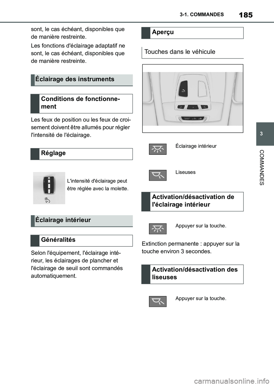 TOYOTA SUPRA 2023  Manuel du propriétaire (in French) 185
3 3-1. COMMANDES
COMMANDES
sont, le cas échéant, disponibles que 
de manière restreinte.
Les fonctions d'éclairage adaptatif ne 
sont, le cas échéant, disponibles que 
de manière restre