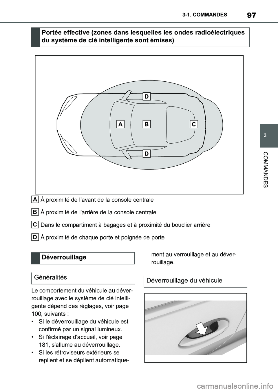 TOYOTA SUPRA 2023  Manuel du propriétaire (in French) 97
3 3-1. COMMANDES
COMMANDES
À proximité de l'avant de la console centrale
À proximité de l'arrière de la console centrale
Dans le compartiment à bagages et à proximité du bouclier ar