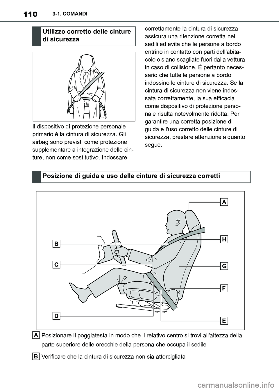 TOYOTA SUPRA 2023 Manuale duso (in Italian) 1103-1. COMANDI
Il dispositivo di protezione personale
primario è la cintura di sicurezza. Gli
airbag sono previsti come protezione
supplementare a integrazione delle cin-
ture, non come sostituti TOYOTA SUPRA 2023 Manuale duso (in Italian) 1103-1. COMANDI
Il dispositivo di protezione personale
primario è la cintura di sicurezza. Gli
airbag sono previsti come protezione
supplementare a integrazione delle cin-
ture, non come sostituti