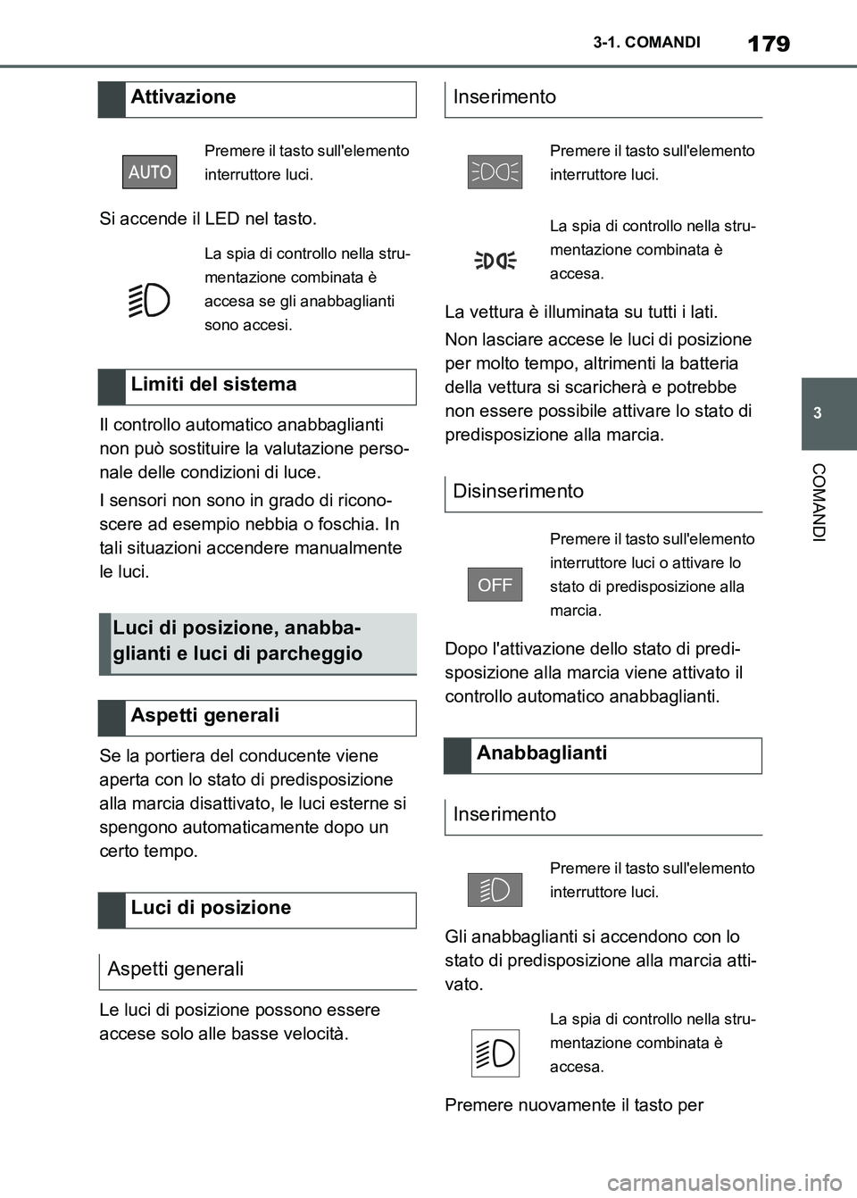 TOYOTA SUPRA 2023  Manuale duso (in Italian) 179
3 3-1. COMANDI
COMANDI
Si accende il LED nel tasto.
Il controllo automatico anabbaglianti 
non può sostituire la valutazione perso-
nale delle condizioni di luce.
I sensori non sono in grado di r