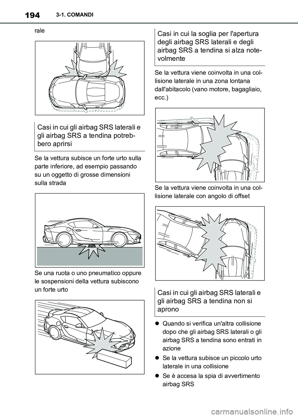 TOYOTA SUPRA 2023 Manuale duso (in Italian) 1943-1. COMANDI
rale
Se la vettura subisce un forte urto sulla
parte inferiore, ad esempio passando
su un oggetto di grosse dimensioni
sulla strada
Se una ruota o uno pneumatico oppure
le sospensi TOYOTA SUPRA 2023 Manuale duso (in Italian) 1943-1. COMANDI
rale
Se la vettura subisce un forte urto sulla
parte inferiore, ad esempio passando
su un oggetto di grosse dimensioni
sulla strada
Se una ruota o uno pneumatico oppure
le sospensi