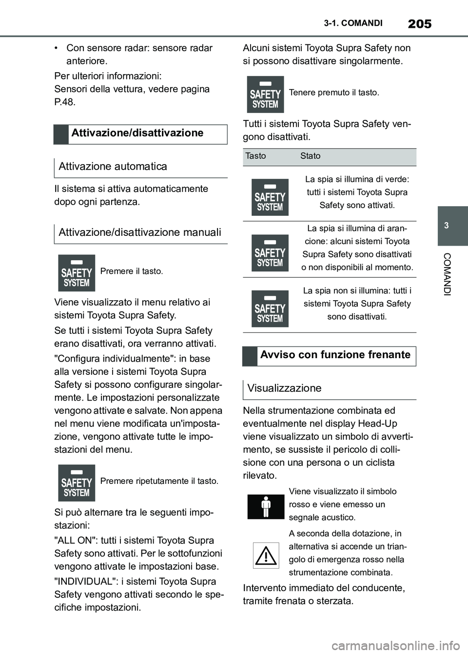TOYOTA SUPRA 2023 Manuale duso (in Italian) 205
3 3-1. COMANDI
COMANDI
• Con sensore radar: sensore radar
anteriore.
Per ulteriori informazioni:
Sensori della vettura, vedere pagina
P.48.
Il sistema si attiva automaticamente
dopo ogni part TOYOTA SUPRA 2023 Manuale duso (in Italian) 205
3 3-1. COMANDI
COMANDI
• Con sensore radar: sensore radar
anteriore.
Per ulteriori informazioni:
Sensori della vettura, vedere pagina
P.48.
Il sistema si attiva automaticamente
dopo ogni part