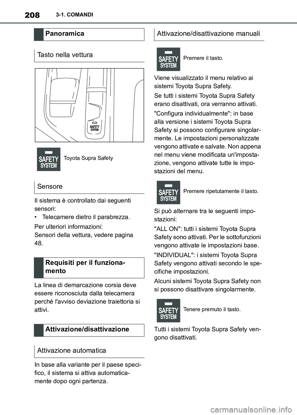 TOYOTA SUPRA 2023 Manuale duso (in Italian) 2083-1. COMANDI
Il sistema è controllato dai seguenti
sensori:
• Telecamere dietro il parabrezza.
Per ulteriori informazioni:
Sensori della vettura, vedere pagina
48.
La linea di demarcazione cor TOYOTA SUPRA 2023 Manuale duso (in Italian) 2083-1. COMANDI
Il sistema è controllato dai seguenti
sensori:
• Telecamere dietro il parabrezza.
Per ulteriori informazioni:
Sensori della vettura, vedere pagina
48.
La linea di demarcazione cor