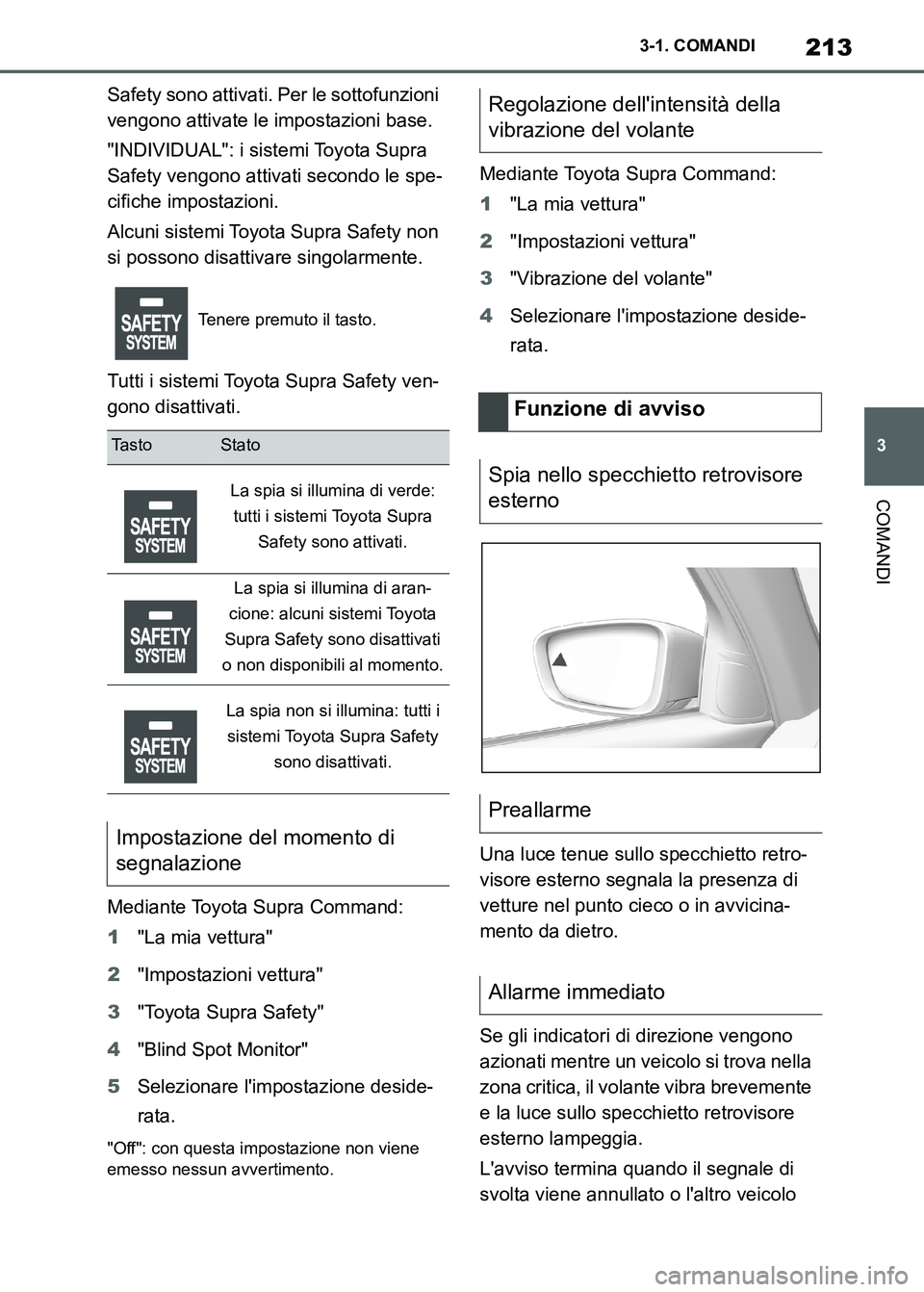TOYOTA SUPRA 2023 Manuale duso (in Italian) 213
3 3-1. COMANDI
COMANDI
Safety sono attivati. Per le sottofunzioni
vengono attivate le impostazioni base.
"INDIVIDUAL": i sistemi Toyota Supra
Safety vengono attivati secondo le spe-
cifiche impo TOYOTA SUPRA 2023 Manuale duso (in Italian) 213
3 3-1. COMANDI
COMANDI
Safety sono attivati. Per le sottofunzioni
vengono attivate le impostazioni base.
"INDIVIDUAL": i sistemi Toyota Supra
Safety vengono attivati secondo le spe-
cifiche impo