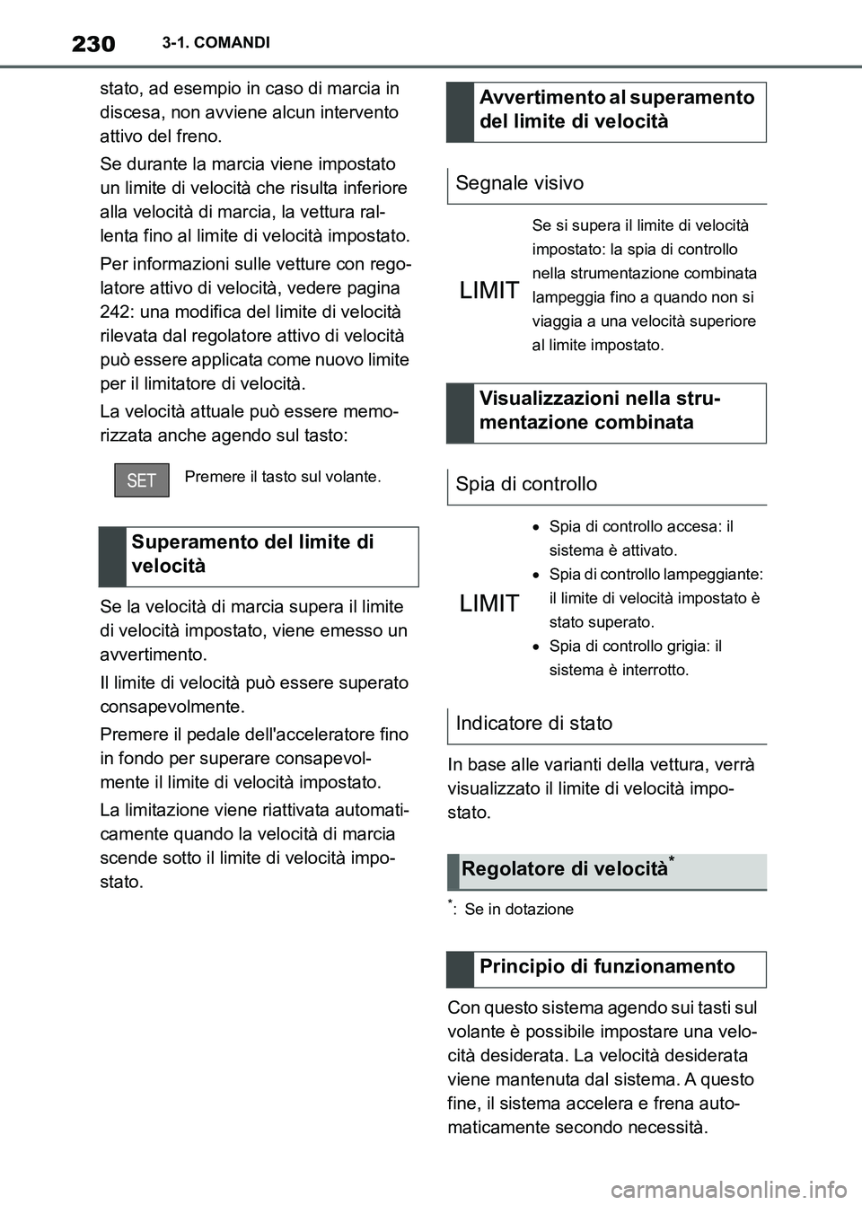 TOYOTA SUPRA 2023 Manuale duso (in Italian) 2303-1. COMANDI
stato, ad esempio in caso di marcia in
discesa, non avviene alcun intervento
attivo del freno.
Se durante la marcia viene impostato
un limite di velocità che risulta inferiore
all TOYOTA SUPRA 2023 Manuale duso (in Italian) 2303-1. COMANDI
stato, ad esempio in caso di marcia in
discesa, non avviene alcun intervento
attivo del freno.
Se durante la marcia viene impostato
un limite di velocità che risulta inferiore
all