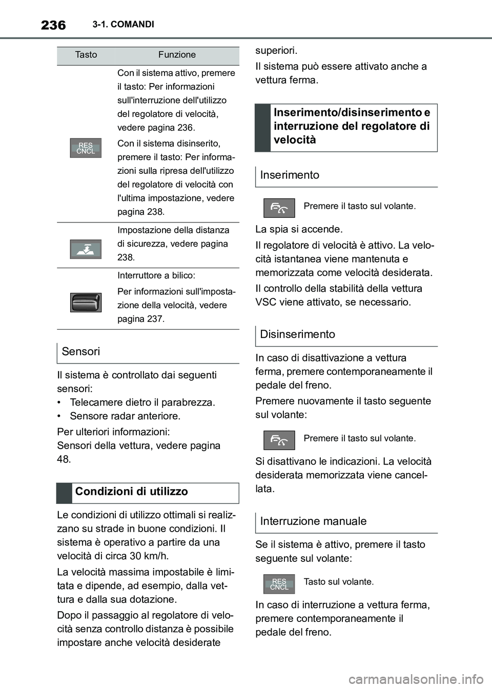 TOYOTA SUPRA 2023 Manuale duso (in Italian) 2363-1. COMANDI
Il sistema è controllato dai seguenti
sensori:
• Telecamere dietro il parabrezza.
• Sensore radar anteriore.
Per ulteriori informazioni:
Sensori della vettura, vedere pagina
48. TOYOTA SUPRA 2023 Manuale duso (in Italian) 2363-1. COMANDI
Il sistema è controllato dai seguenti
sensori:
• Telecamere dietro il parabrezza.
• Sensore radar anteriore.
Per ulteriori informazioni:
Sensori della vettura, vedere pagina
48.