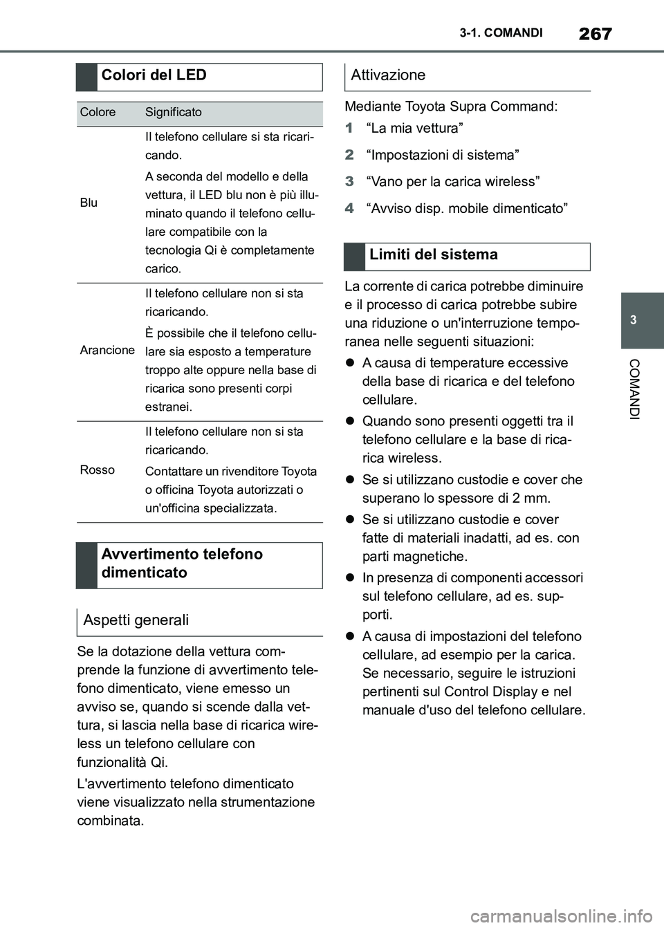 TOYOTA SUPRA 2023 Manuale duso (in Italian) 267
3 3-1. COMANDI
COMANDI
Se la dotazione della vettura com-
prende la funzione di avvertimento tele-
fono dimenticato, viene emesso un
avviso se, quando si scende dalla vet-
tura, si lascia nella b TOYOTA SUPRA 2023 Manuale duso (in Italian) 267
3 3-1. COMANDI
COMANDI
Se la dotazione della vettura com-
prende la funzione di avvertimento tele-
fono dimenticato, viene emesso un
avviso se, quando si scende dalla vet-
tura, si lascia nella b