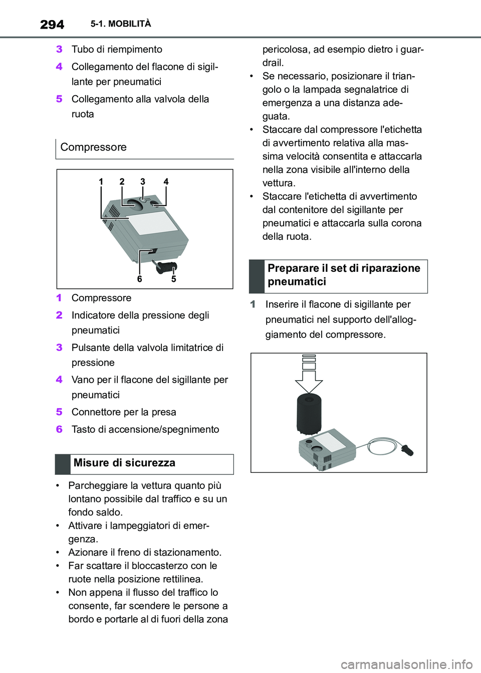 TOYOTA SUPRA 2023 Manuale duso (in Italian) 2945-1. MOBILITÀ
3Tubo di riempimento
4Collegamento del flacone di sigil-
lante per pneumatici
5Collegamento alla valvola della
ruota
1Compressore
2Indicatore della pressione degli
pneumatici
3Puls TOYOTA SUPRA 2023 Manuale duso (in Italian) 2945-1. MOBILITÀ
3Tubo di riempimento
4Collegamento del flacone di sigil-
lante per pneumatici
5Collegamento alla valvola della
ruota
1Compressore
2Indicatore della pressione degli
pneumatici
3Puls