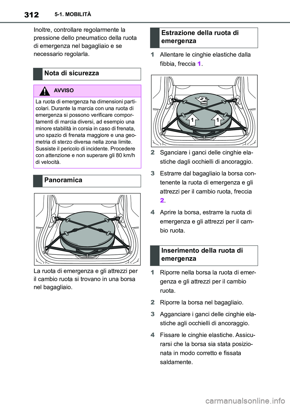TOYOTA SUPRA 2023 Manuale duso (in Italian) 3125-1. MOBILITÀ
Inoltre, controllare regolarmente la
pressione dello pneumatico della ruota
di emergenza nel bagagliaio e se
necessario regolarla.
La ruota di emergenza e gli attrezzi per
il cam TOYOTA SUPRA 2023 Manuale duso (in Italian) 3125-1. MOBILITÀ
Inoltre, controllare regolarmente la
pressione dello pneumatico della ruota
di emergenza nel bagagliaio e se
necessario regolarla.
La ruota di emergenza e gli attrezzi per
il cam