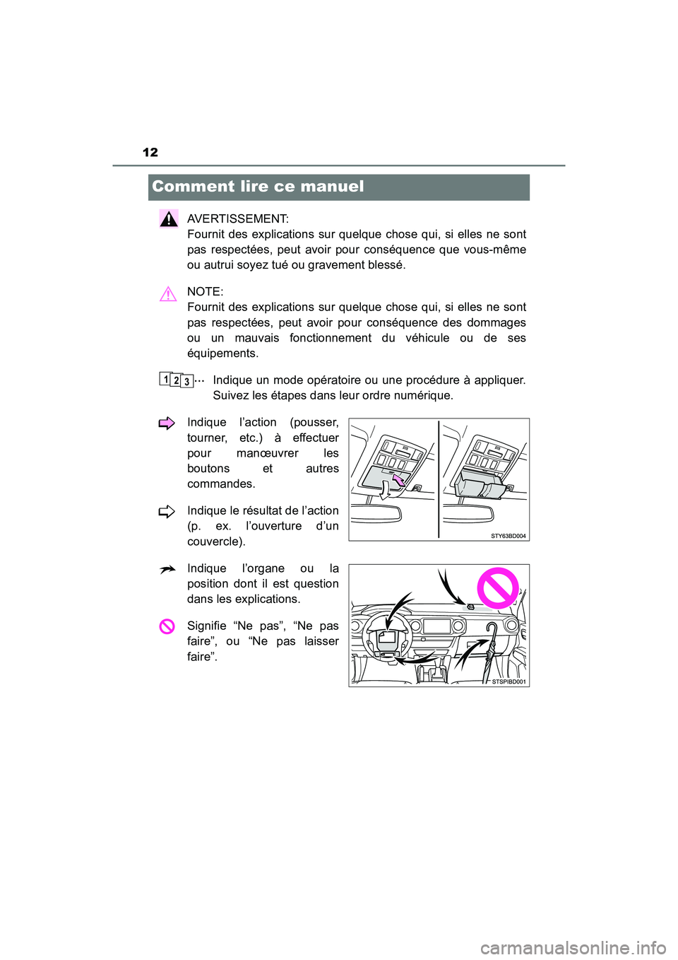 TOYOTA TACOMA 2017  Manuel du propriétaire (in French) 12
TACOMA_OM_USA_OM04013D
Comment lire ce manuel
AVERTISSEMENT: 
Fournit des explications sur quelque chose qui, si elles ne sont
pas respectées, peut avoir pour conséquence que vous-même
ou autrui