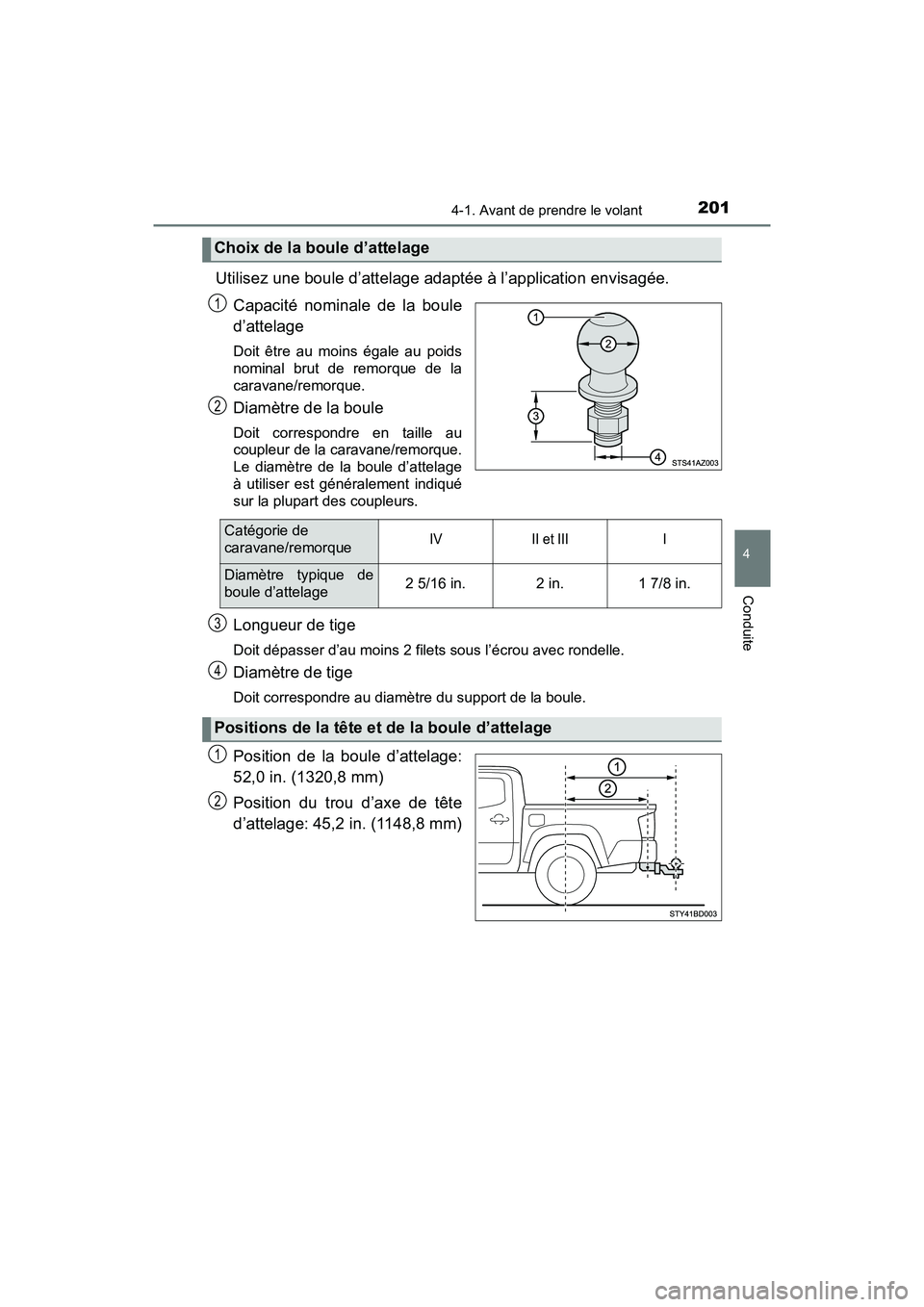 TOYOTA TACOMA 2017  Manuel du propriétaire (in French) 2014-1. Avant de prendre le volant
4
Conduite
TACOMA_OM_USA_OM04013D
Utilisez une boule d’attelage adaptée à l’application envisagée.Capacité nominale de la boule
d’attelage
Doit être au mo