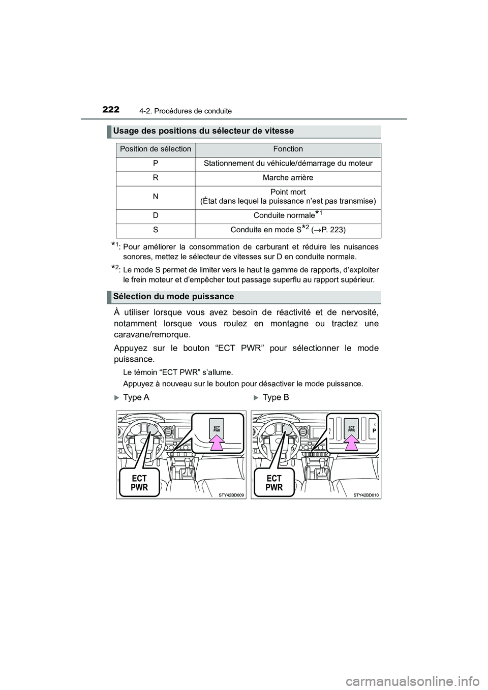 TOYOTA TACOMA 2017  Manuel du propriétaire (in French) 2224-2. Procédures de conduite
TACOMA_OM_USA_OM04013D
*1: Pour améliorer la consommation de carburant et réduire les nuisances
sonores, mettez le sélecteur de vitesses sur D en conduite normale.
*
