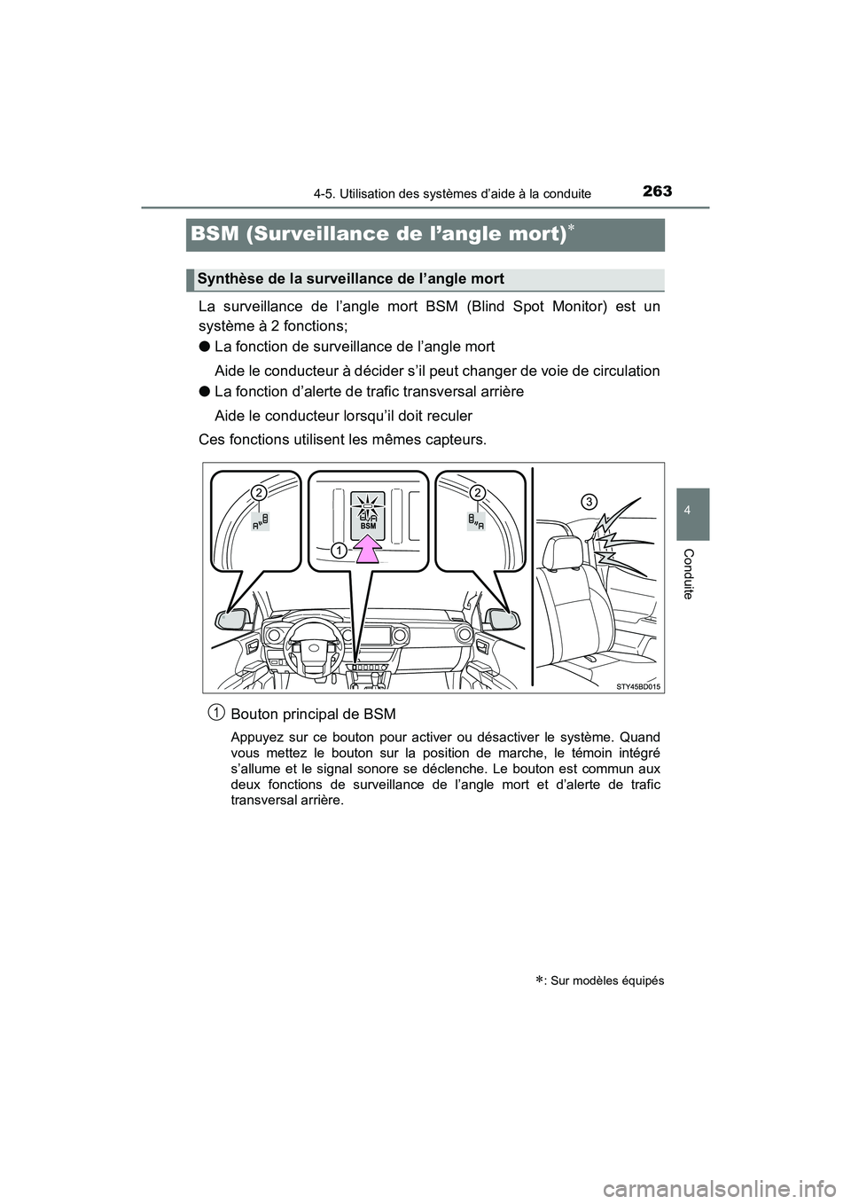TOYOTA TACOMA 2017  Manuel du propriétaire (in French) 2634-5. Utilisation des systèmes d’aide à la conduite
4
Conduite
TACOMA_OM_USA_OM04013D
BSM (Surveillance de l’angle mort)
La surveillance de l’angle mort BSM (Blind Spot Monitor) est un
sy