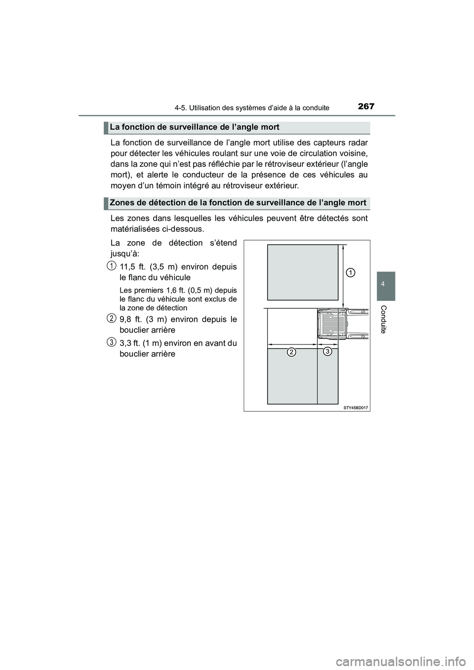 TOYOTA TACOMA 2017  Manuel du propriétaire (in French) 2674-5. Utilisation des systèmes d’aide à la conduite
4
Conduite
TACOMA_OM_USA_OM04013D
La fonction de surveillance de l’angle mort utilise des capteurs radar
pour détecter les véhicules roula
