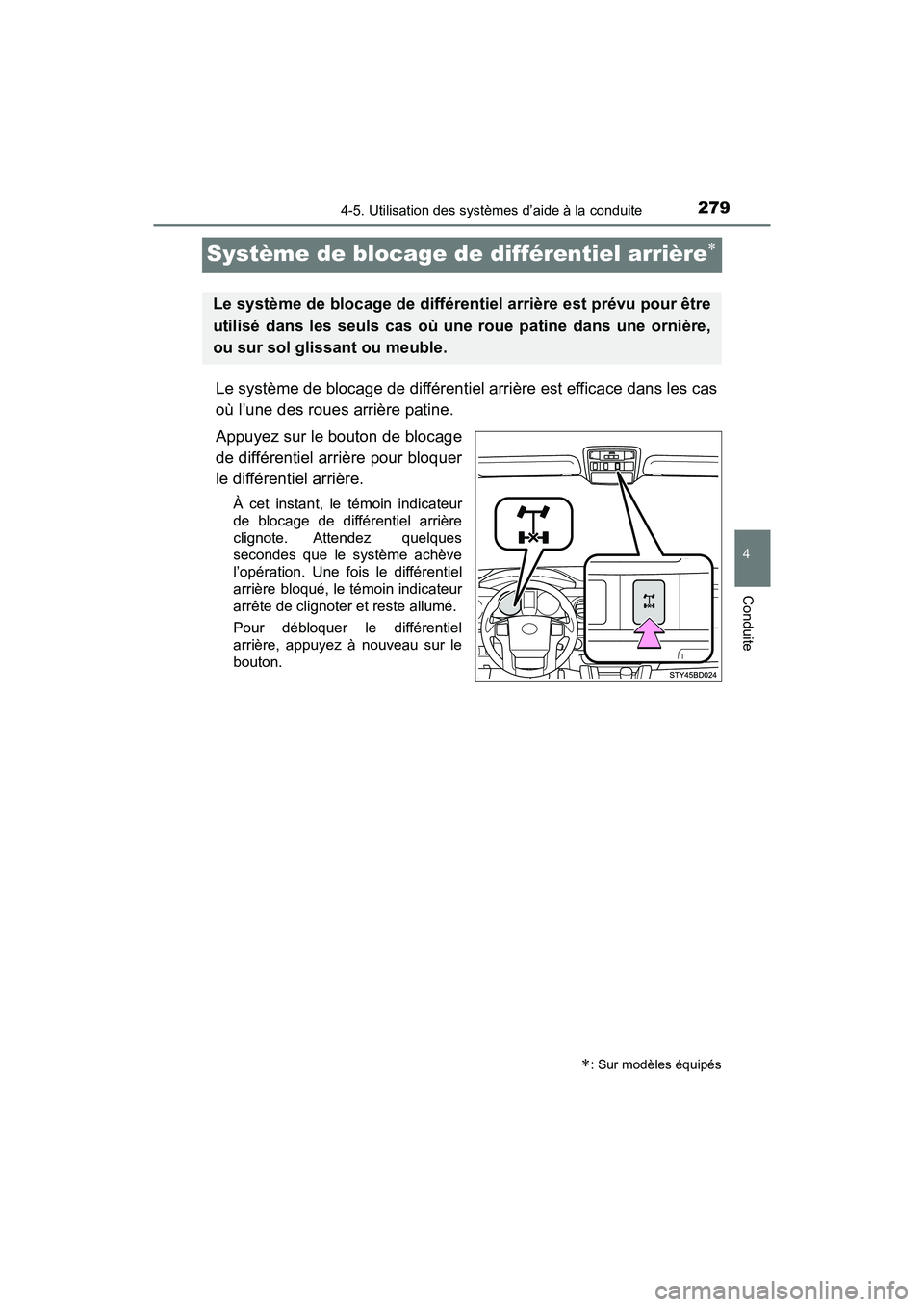 TOYOTA TACOMA 2017  Manuel du propriétaire (in French) 2794-5. Utilisation des systèmes d’aide à la conduite
4
Conduite
TACOMA_OM_USA_OM04013D
Système de blocage de différentiel arrière
Le système de blocage de différentiel arrière est effica