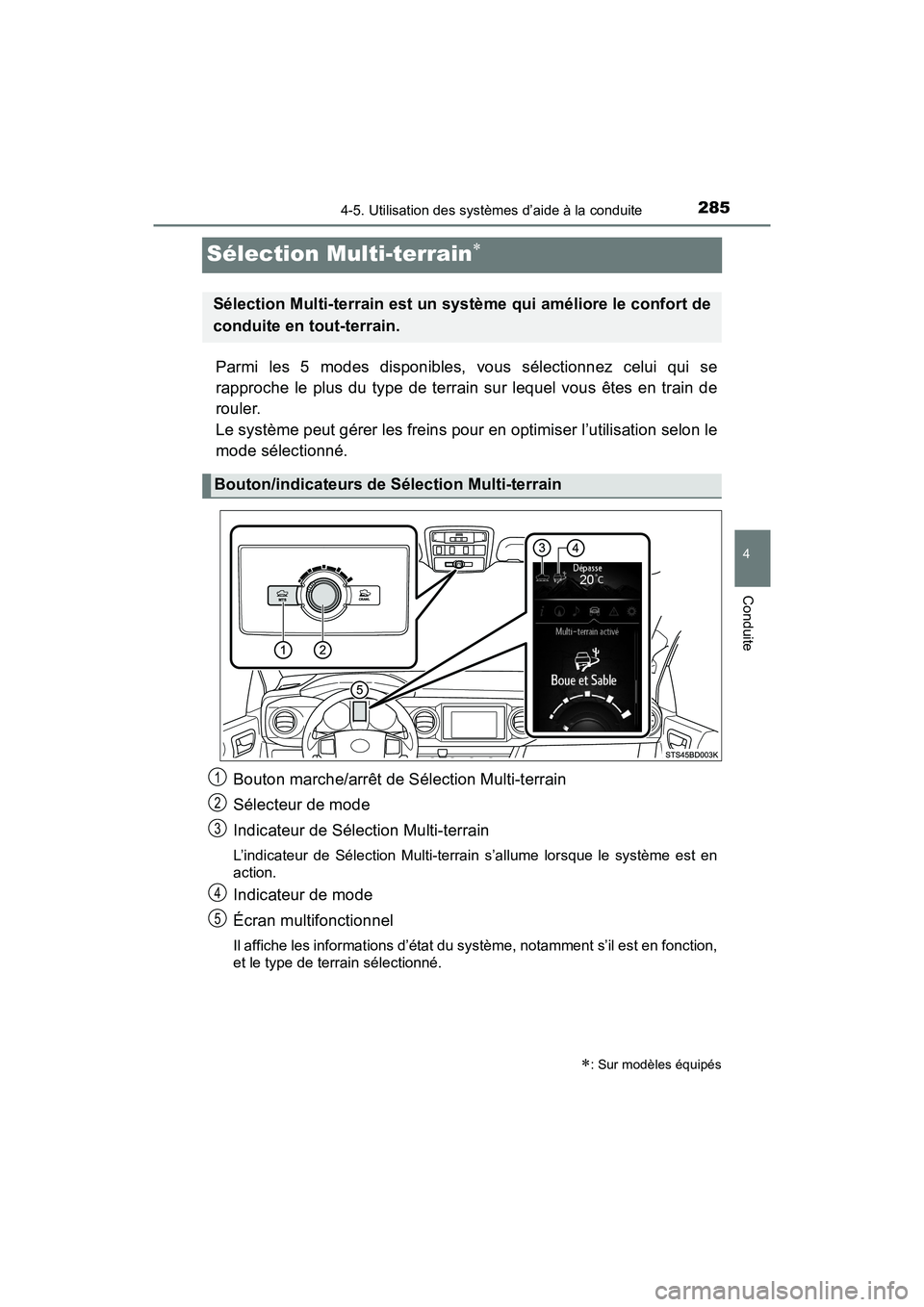 TOYOTA TACOMA 2017  Manuel du propriétaire (in French) 2854-5. Utilisation des systèmes d’aide à la conduite
4
Conduite
TACOMA_OM_USA_OM04013D
Sélection Multi-terrain
Parmi les 5 modes disponibles, vous sélectionnez celui qui se
rapproche le plus