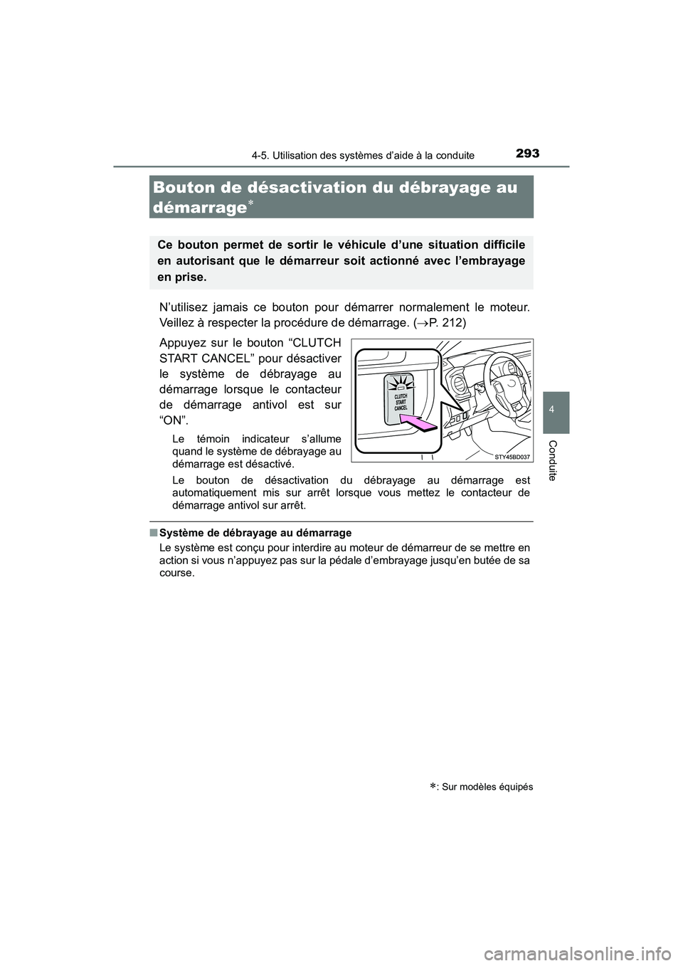 TOYOTA TACOMA 2017  Manuel du propriétaire (in French) 2934-5. Utilisation des systèmes d’aide à la conduite
4
Conduite
TACOMA_OM_USA_OM04013D
Bouton de désactivation du débrayage au 
démarrage

N’utilisez jamais ce bouton pour démarrer norma