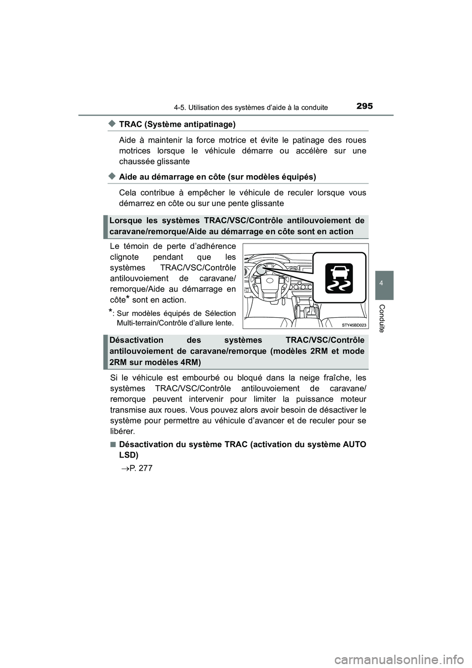 TOYOTA TACOMA 2017  Manuel du propriétaire (in French) 2954-5. Utilisation des systèmes d’aide à la conduite
4
Conduite
TACOMA_OM_USA_OM04013D
◆TRAC (Système antipatinage)
Aide à maintenir la force motrice et évite le patinage des roues
motrices 