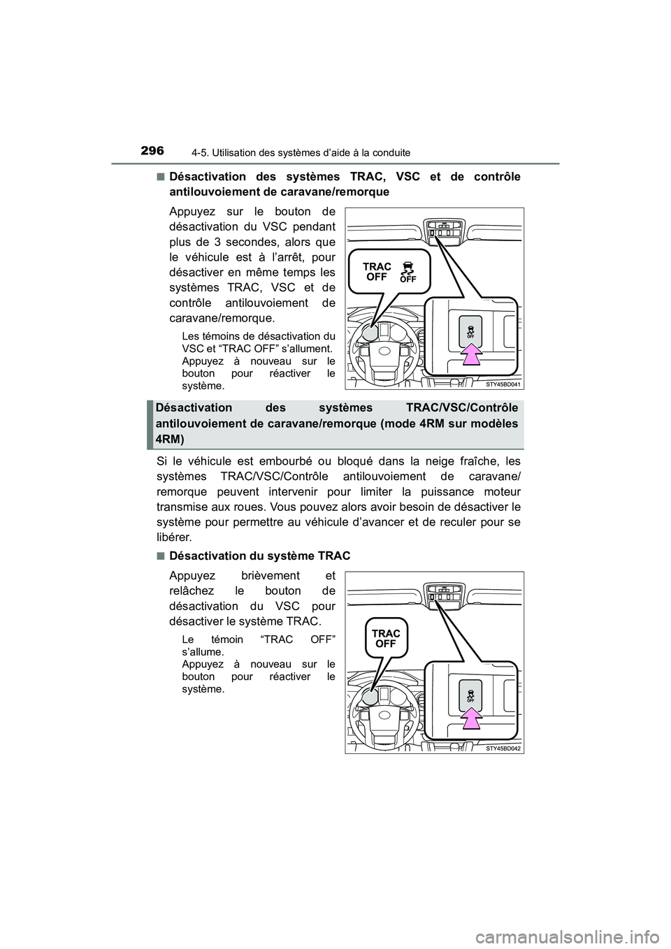 TOYOTA TACOMA 2017  Manuel du propriétaire (in French) 2964-5. Utilisation des systèmes d’aide à la conduite
TACOMA_OM_USA_OM04013D■
Désactivation des systèmes TRAC, VSC et de contrôle
antilouvoiement de caravane/remorque
Appuyez sur le bouton de