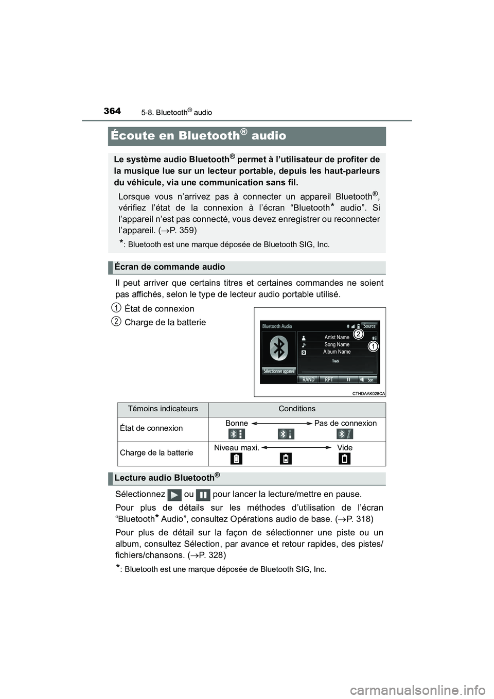 TOYOTA TACOMA 2017  Manuel du propriétaire (in French) 3645-8. Bluetooth® audio
TACOMA_OM_USA_OM04013D
Écoute en Bluetooth® audio
Il peut arriver que certains titres et certaines commandes ne soient
pas affichés, selon le type de lecteur audio portabl