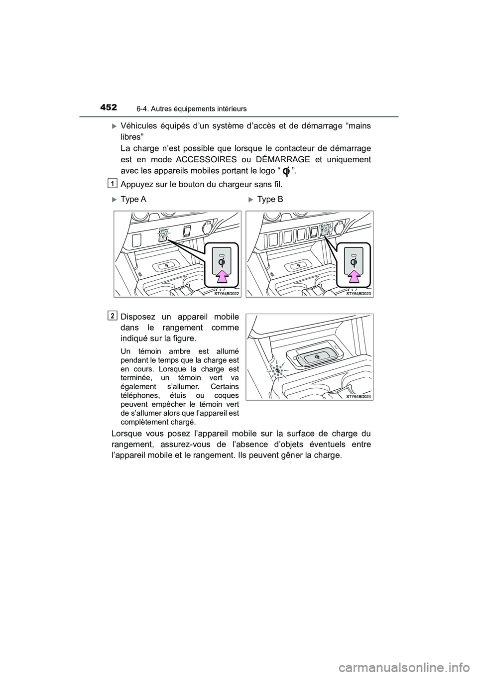 TOYOTA TACOMA 2017  Manuel du propriétaire (in French) 4526-4. Autres équipements intérieurs
TACOMA_OM_USA_OM04013D
Véhicules équipés d’un système d’accès et de démarrage “mains
libres”
La charge n’est possible que lorsque le contacte