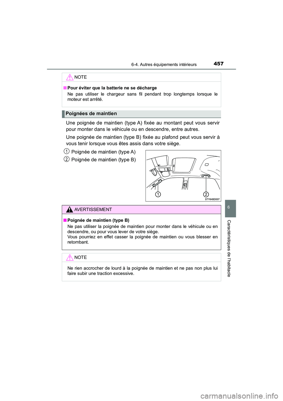 TOYOTA TACOMA 2017  Manuel du propriétaire (in French) 4576-4. Autres équipements intérieurs
6
Caractéristiques de l’habitacle
TACOMA_OM_USA_OM04013D
Une poignée de maintien (type A) fixée au montant peut vous servir
pour monter dans le véhicule o