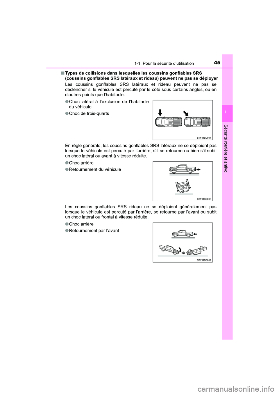 TOYOTA TACOMA 2017  Manuel du propriétaire (in French) 451-1. Pour la sécurité d’utilisation
1
Sécurité routière et antivol
TACOMA_OM_USA_OM04013D■
Types de collisions dans lesquelles les coussins gonflables SRS
(coussins gonflables SRS latéraux