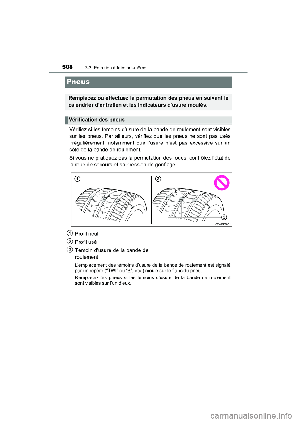 TOYOTA TACOMA 2017  Manuel du propriétaire (in French) 5087-3. Entretien à faire soi-même
TACOMA_OM_USA_OM04013D
Pneus
Vérifiez si les témoins d’usure de la bande de roulement sont visibles
sur les pneus. Par ailleurs, vérifiez que les pneus ne son