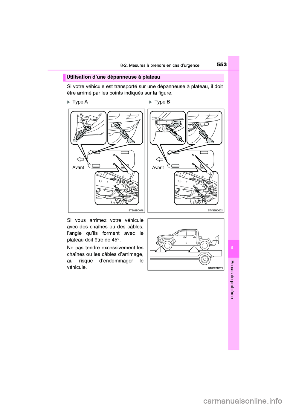TOYOTA TACOMA 2017  Manuel du propriétaire (in French) 5538-2. Mesures à prendre en cas d’urgence
8
En cas de problème
TACOMA_OM_USA_OM04013D
Si votre véhicule est transporté sur une dépanneuse à plateau, il doit
être arrimé par les points indiq