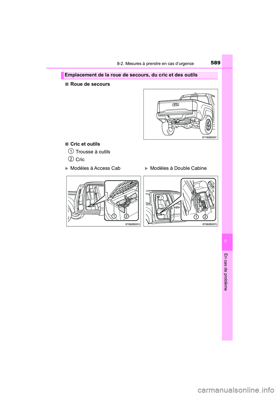 TOYOTA TACOMA 2017  Manuel du propriétaire (in French) 5898-2. Mesures à prendre en cas d’urgence
8
En cas de problème
TACOMA_OM_USA_OM04013D■
Roue de secours
■Cric et outils
Trousse à outils
Cric
Emplacement de la roue de secours, du cric et des