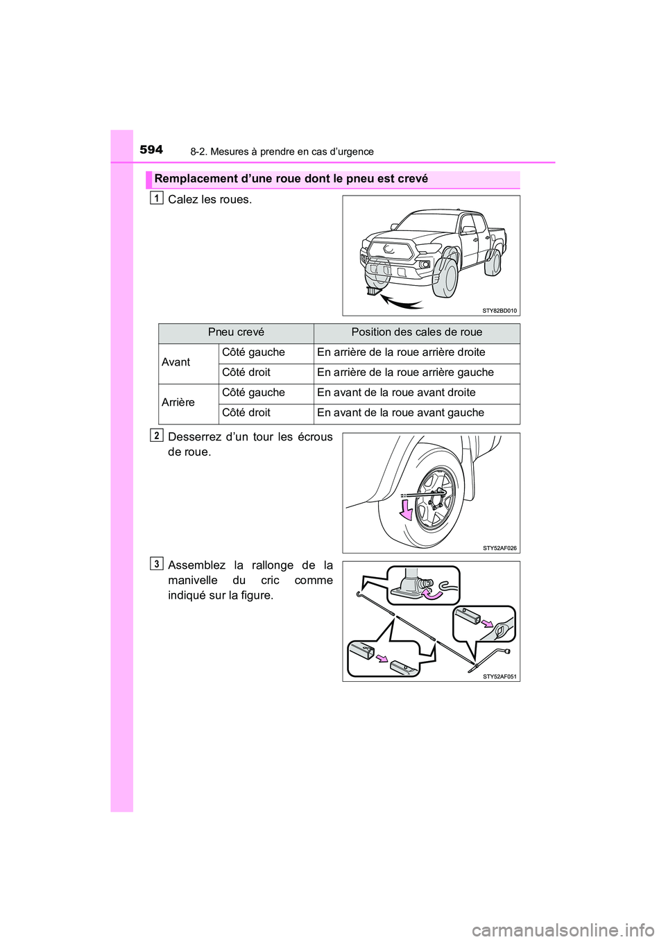 TOYOTA TACOMA 2017  Manuel du propriétaire (in French) 5948-2. Mesures à prendre en cas d’urgence
TACOMA_OM_USA_OM04013D
Calez les roues.
Desserrez d’un tour les écrous
de roue.
Assemblez la rallonge de la
manivelle du cric comme
indiqué sur la fig