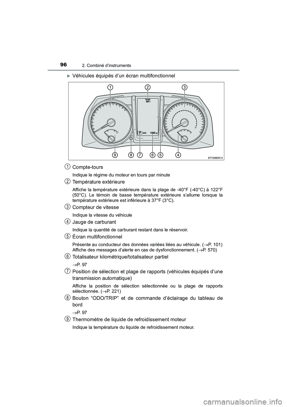 TOYOTA TACOMA 2017 Manuel du propriétaire (in French) 962. Combiné d’instruments
TACOMA_OM_USA_OM04013D
Véhicules équipés d’un écran multifonctionnel
Compte-tours
Indique le régime du moteur en tours par minute
Température extérieure
Affic TOYOTA TACOMA 2017 Manuel du propriétaire (in French) 962. Combiné d’instruments
TACOMA_OM_USA_OM04013D
Véhicules équipés d’un écran multifonctionnel
Compte-tours
Indique le régime du moteur en tours par minute
Température extérieure
Affic