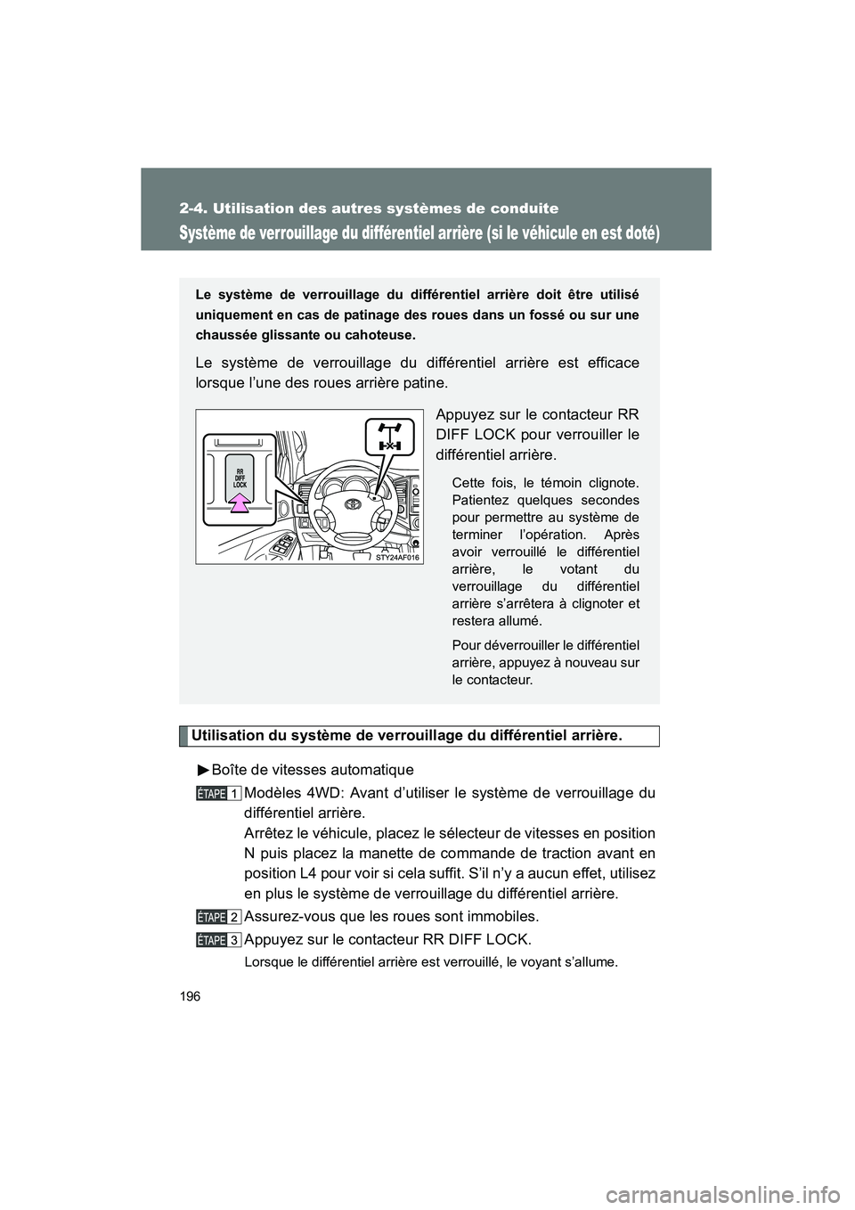 TOYOTA TACOMA 2009  Manuel du propriétaire (in French) 196
2-4. Utilisation des autres systèmes de conduite
TACOMA_D_(L/O_0805)
Système de verrouillage du différentiel arrière (si le véhicule en est doté)
Utilisation du système de verrouillage du d