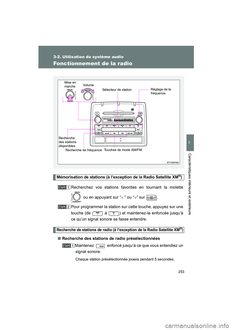 TOYOTA TACOMA 2009  Manuel du propriétaire (in French) 253
3-2. Utilisation du système audio
3
Caractéristiques intérieure et extérieure
TACOMA_D_(L/O_0805)
Fonctionnement de la radio
Mémorisation de stations (à l’exception de la Radio Satellite X