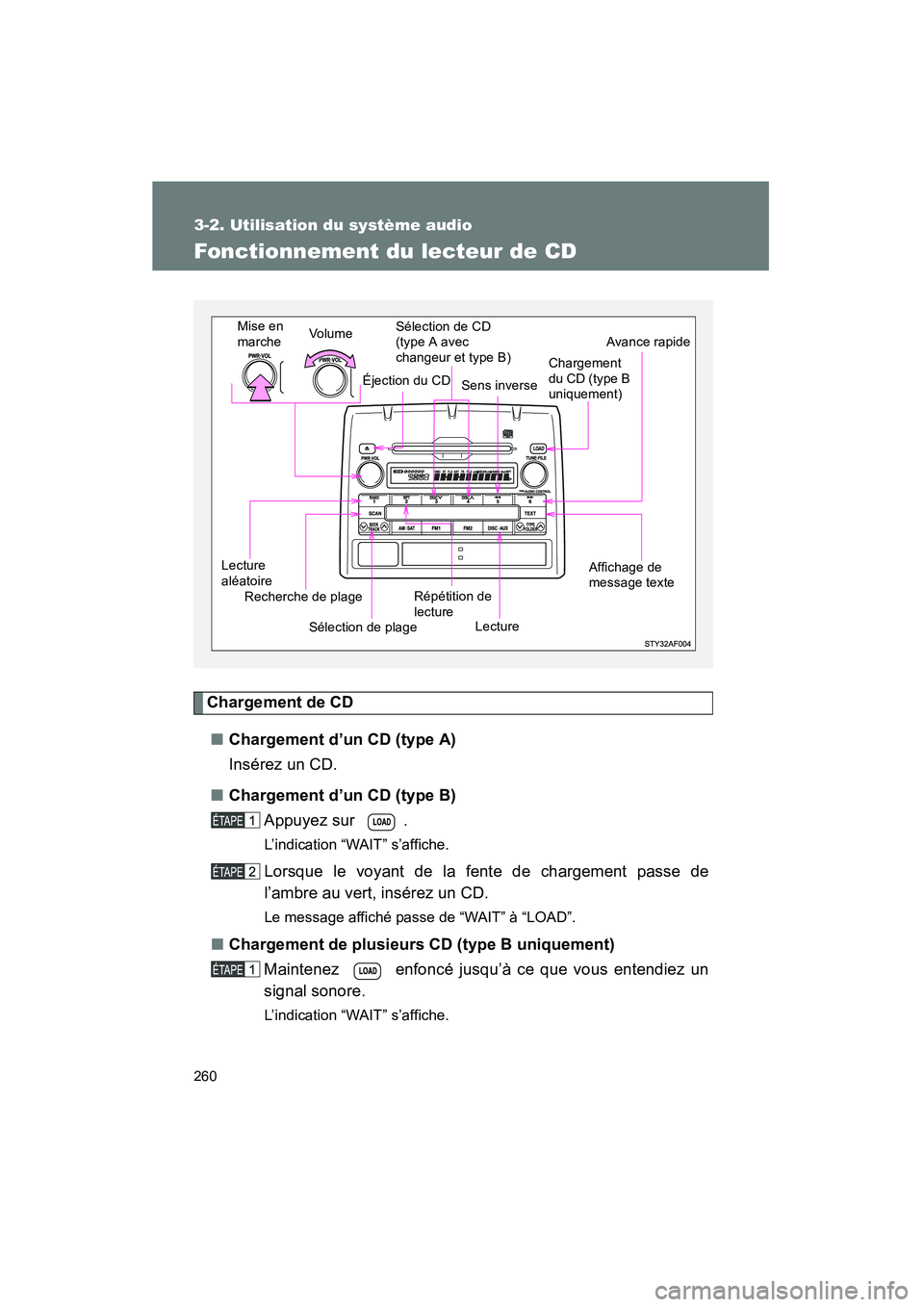 TOYOTA TACOMA 2009  Manuel du propriétaire (in French) 260
3-2. Utilisation du système audio
TACOMA_D_(L/O_0805)
Fonctionnement du lecteur de CD
Chargement de CD■ Chargement d’un CD (type A)
Insérez un CD.
■ Chargement d’un CD (type B)
Appuyez s
